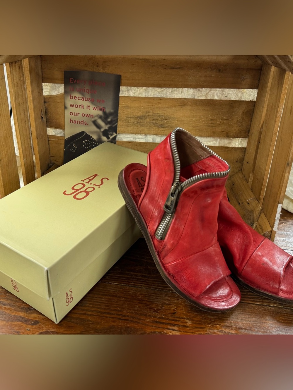 A.S.98 Red Leather Sandals with Unique Zipper Closure - Size 37